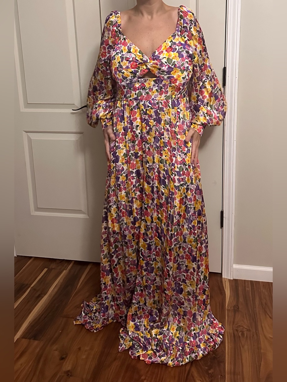 Floral V-Neck Maxi Dress in Yellow & Purple